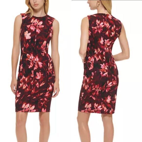 NEW‎ Calvin Klein Women's floral Printed Seamed Sleeveless Sheath Dress, size 4P - Picture 1 of 16
